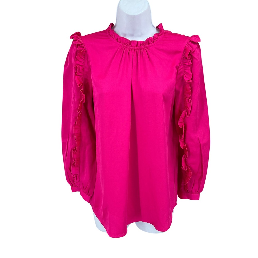 J.Crew Blouse S Pink Ruffle High Neck Victorian Romantic Bold Career Cocktail
